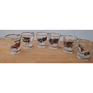 Set 6 Gold Rimmed Shot Glasses Early Model Cars Removeable Handles Italy Vintage